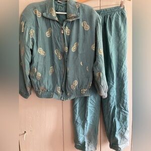 VTG 90s FUDA International Silk Bomber Jacket and Silk Pants Small Teal …